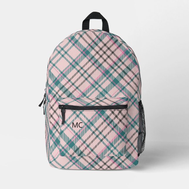 Modern Trendy Pink Check Plaid Monogram Initials Printed Backpack (Front)
