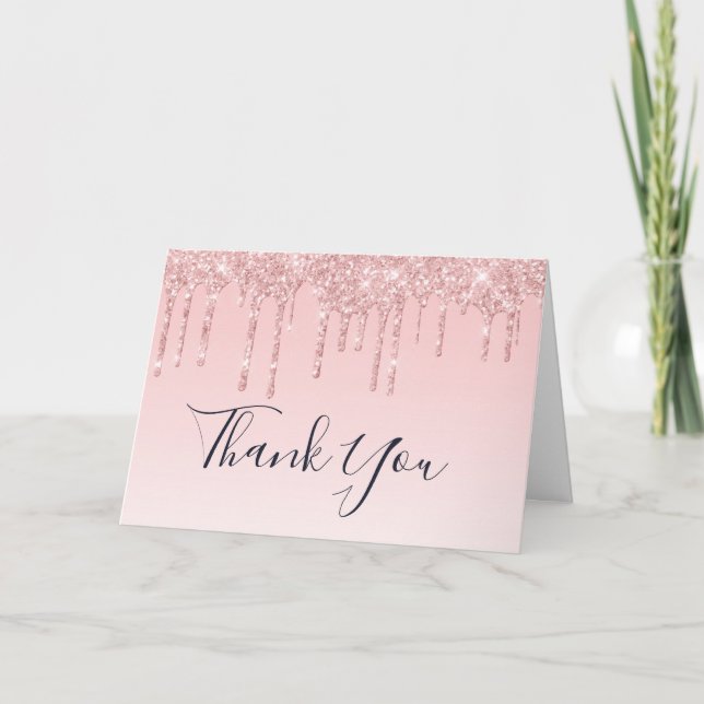 Modern Trendy Pink Faux Liquid Glitter Thank You Card (Front)