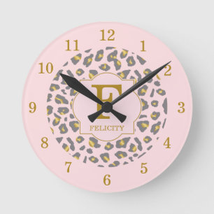 Modern Trendy Pink Gold Leopard Pattern Monogram Round Clock
