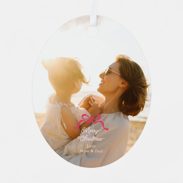 Modern Trendy Pink Retro Bows Photo Christmas Metal Ornament (Front)