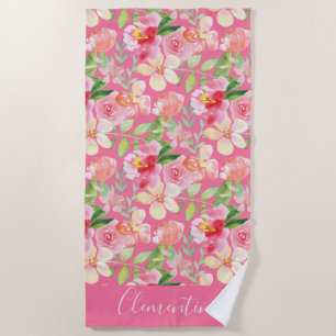 Modern Trendy Pink Rose Floral Watercolor Beach Towel