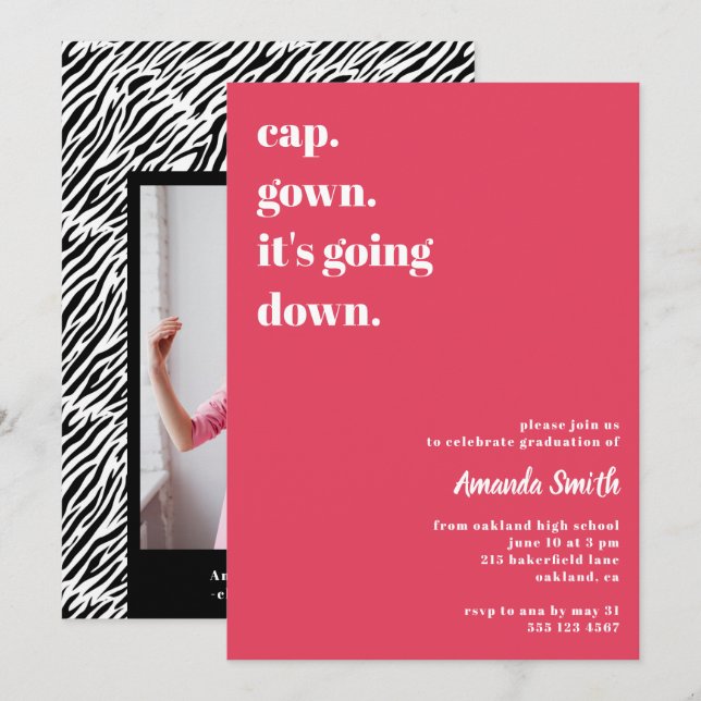 Modern Trendy Pink Zebra Graduation Party Photo Invitation (Front/Back)