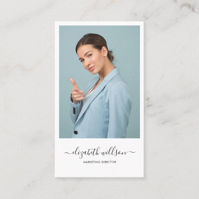 Modern Trendy Professional Script Vertical Photo Business Card (Front)