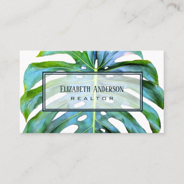 Modern Trendy Real Estate Tropical Leaf Greenery Business Card (Front)