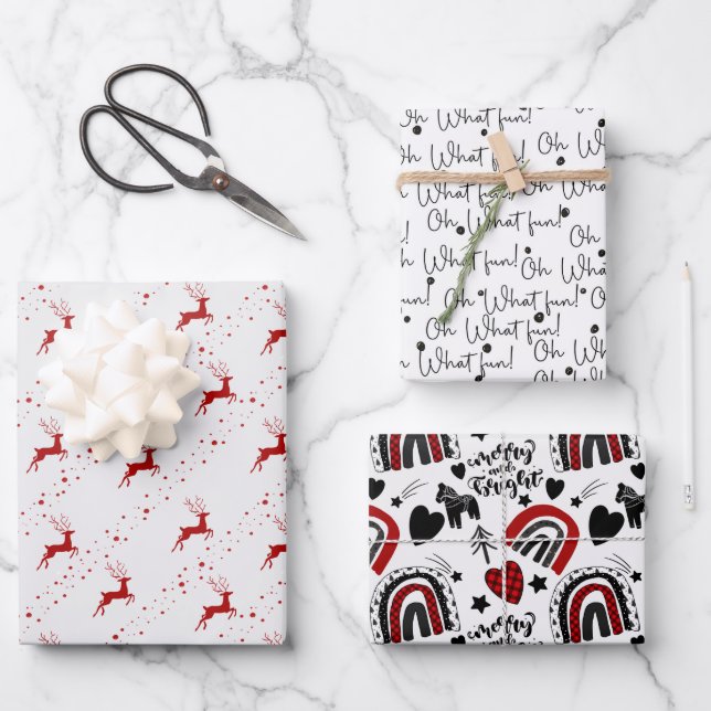 Modern Trendy Red, Black And White Christmas Wrapping Paper Sheet (Front)