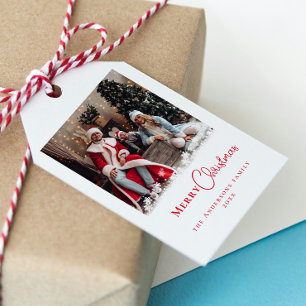 Modern Trendy Red Christmas Photo Snowflakes  Gift Tags
