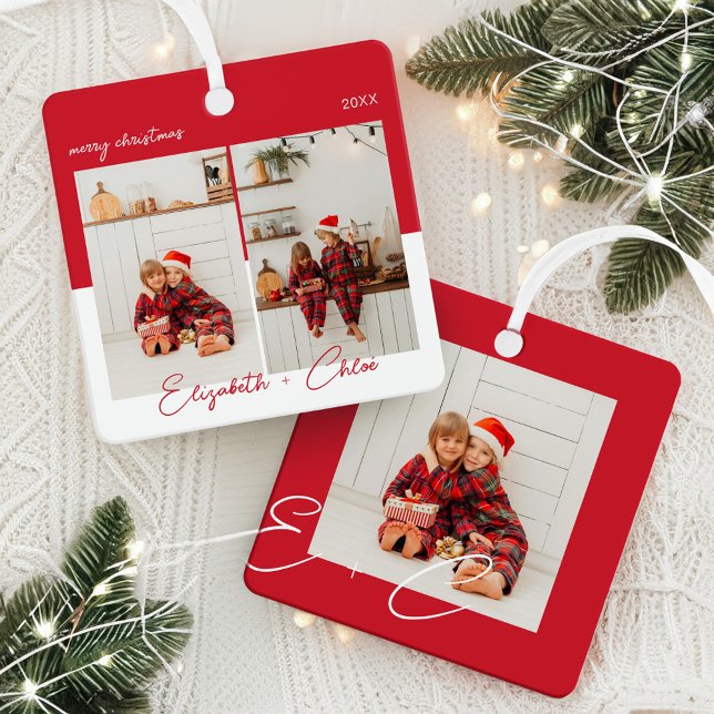 Modern Trendy Red & White Name Monogram 3 Photo  Metal Ornament (Modern Trendy Red & White Name Monogram 3 Photo Metal Ornament)