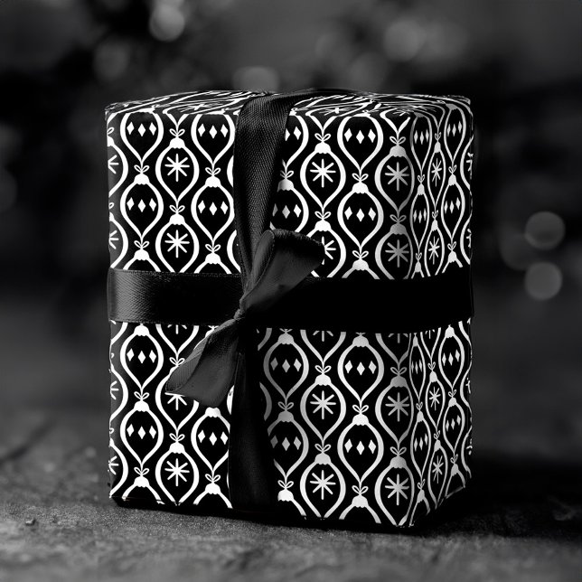 Modern Trendy Retro Black Holiday Ornament Pattern Wrapping Paper (Modern Trendy Retro Black Holiday Ornament Pattern Wrapping Paper Sheets)