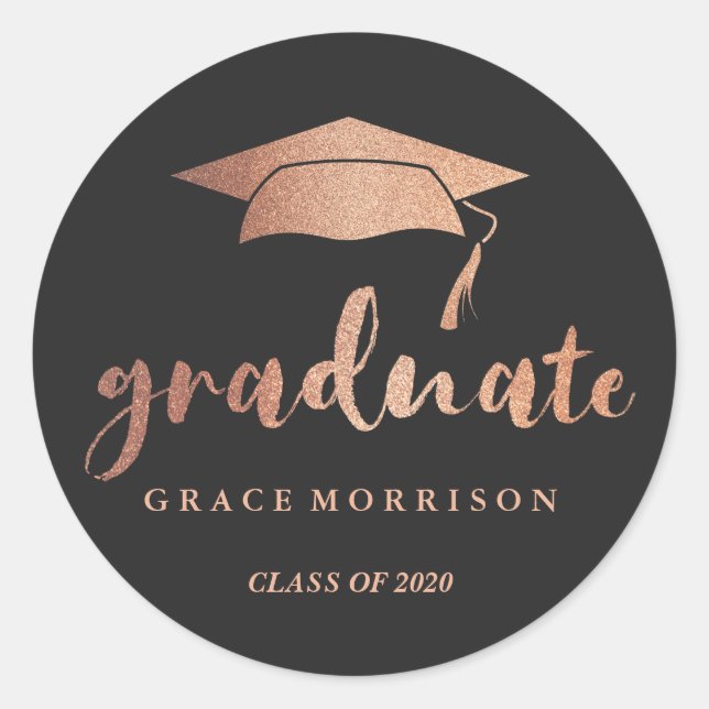 Modern & Trendy Rose Gold Personalized Graduation Classic Round Sticker (Front)