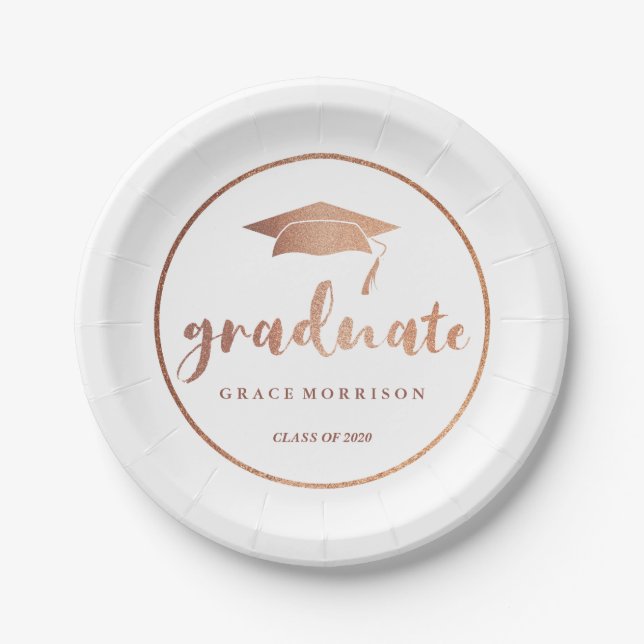Modern & Trendy Rose Gold Personalized Graduation Paper Plate (Front)