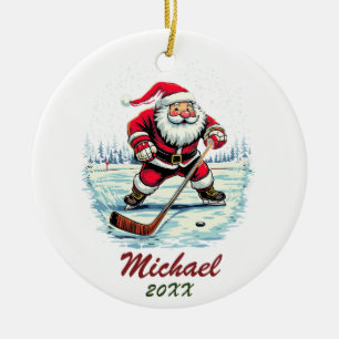 Modern Trendy Santa Playing Ice Hockey Custom Name Ceramic Ornament
