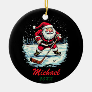 Modern Trendy Santa Playing Ice Hockey Custom Name Ceramic Ornament