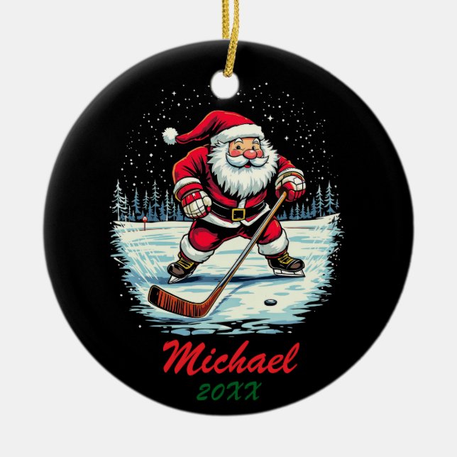 Modern Trendy Santa Playing Ice Hockey Custom Name Ceramic Ornament (Front)
