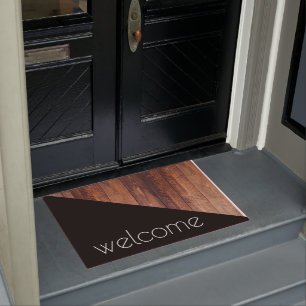 Modern Trendy Scandi Style Wood & Black Welcome Doormat