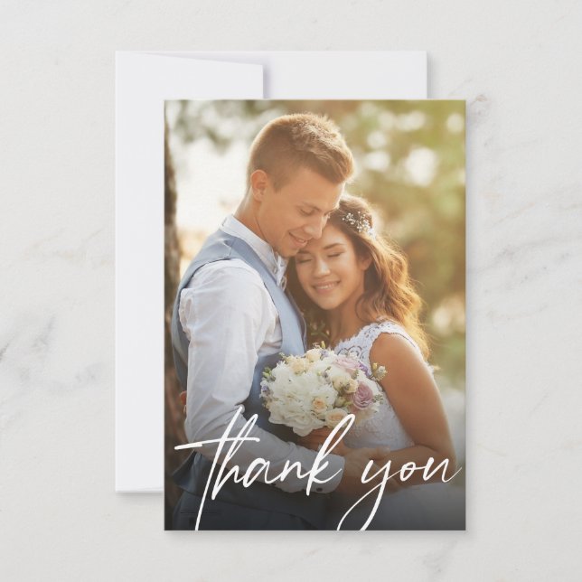 Modern Trendy Script 2 Wedding Photos  Thank You Card (Front)