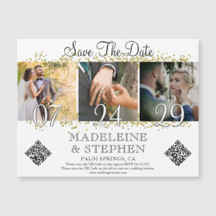 Modern Trendy Script 3 Photo QR CODE Save The Date Magnetic Invitation
