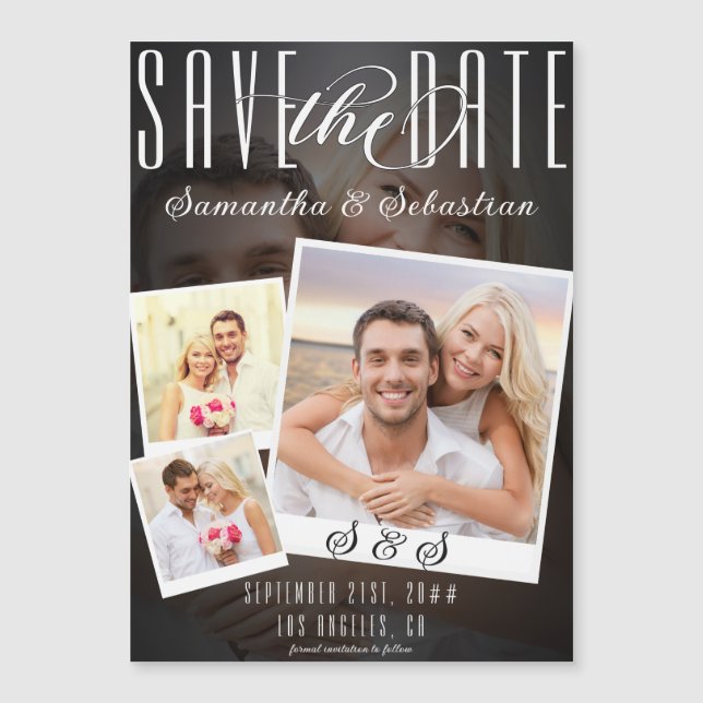 Modern Trendy Script 3 Photo Wedding Save The Date Magnetic Invitation (Front)