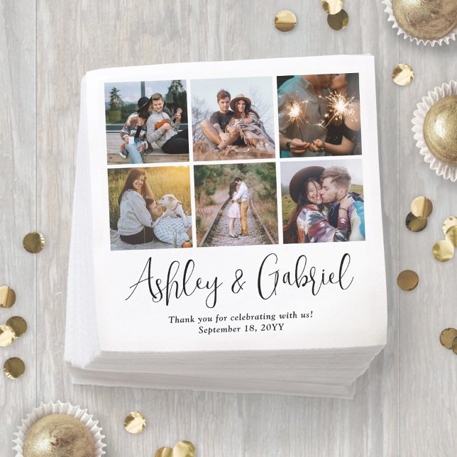 Modern Trendy Script and 6 Photo Collage Wedding Napkin (Creator Uploaded)