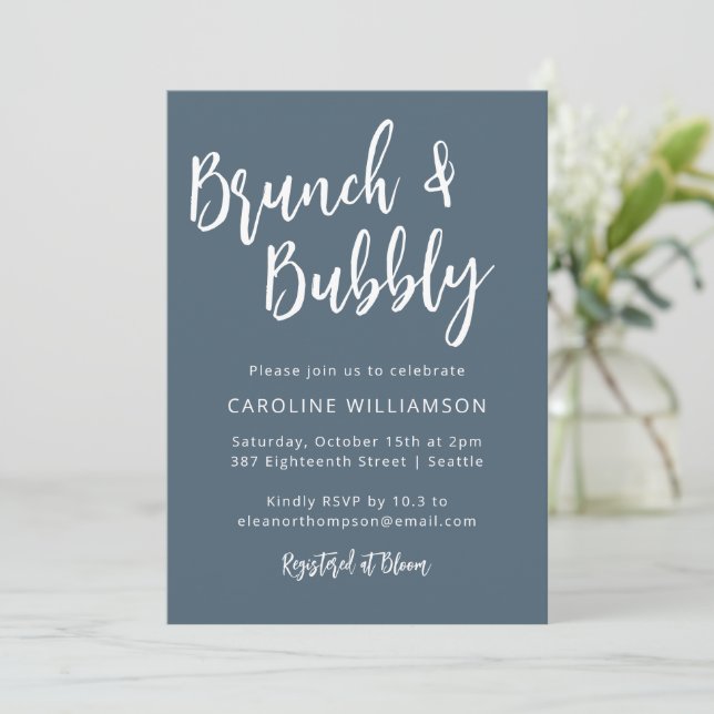 Modern Trendy Script Brunch Bubbly Shower Blue Invitation (Standing Front)