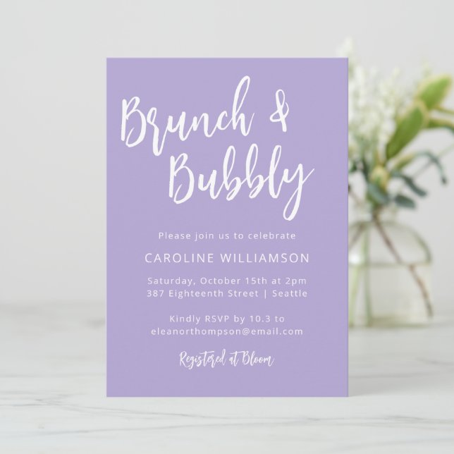 Modern Trendy Script Brunch Bubbly Shower Lavender Invitation (Standing Front)