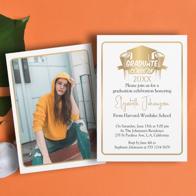 Modern Trendy Script gold Photo Graduation  Invitation (Creator Uploaded)