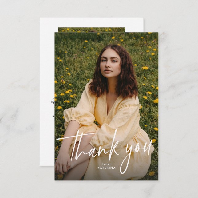 Modern trendy script graduation photo thank you card (Front/Back)