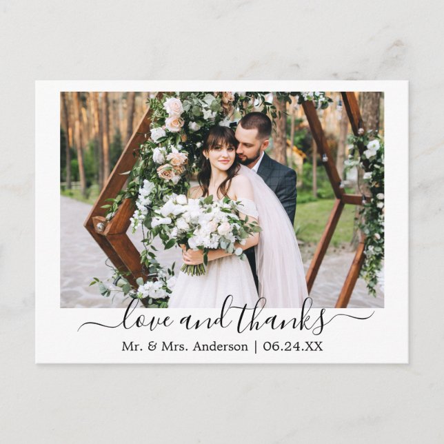 Modern Trendy Script Love Thanks Wedding Photo Postcard (Front)