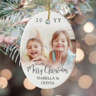 Modern Trendy Script Merry Christmas 2 Photos Oval Ceramic Ornament