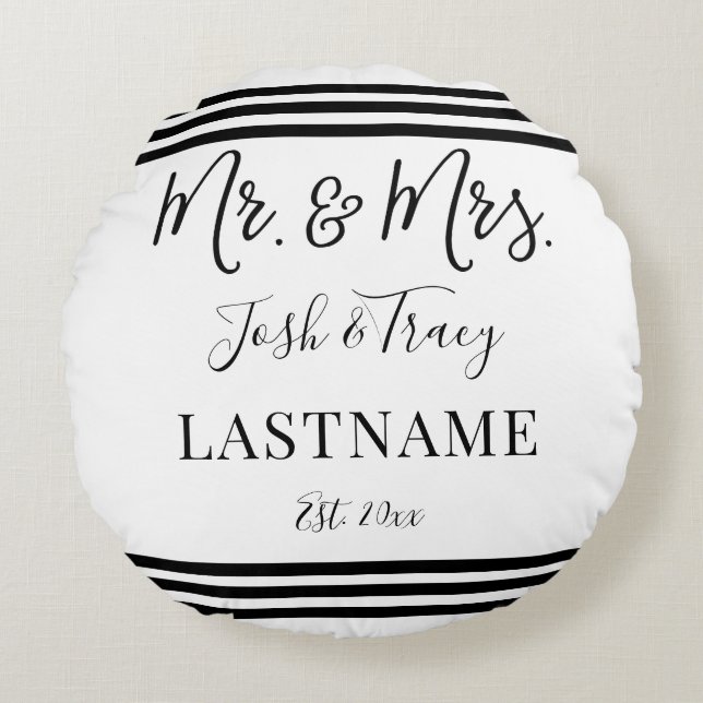 Modern Trendy Script Personalized Mr. and Mrs. Round Pillow (Front)