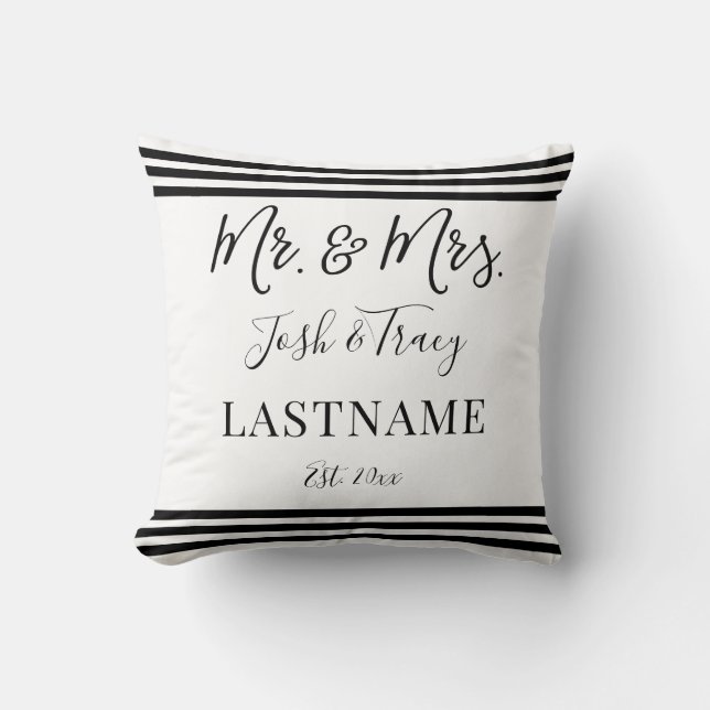 Modern Trendy Script Personalized Mr. and Mrs. Throw Pillow (Front)