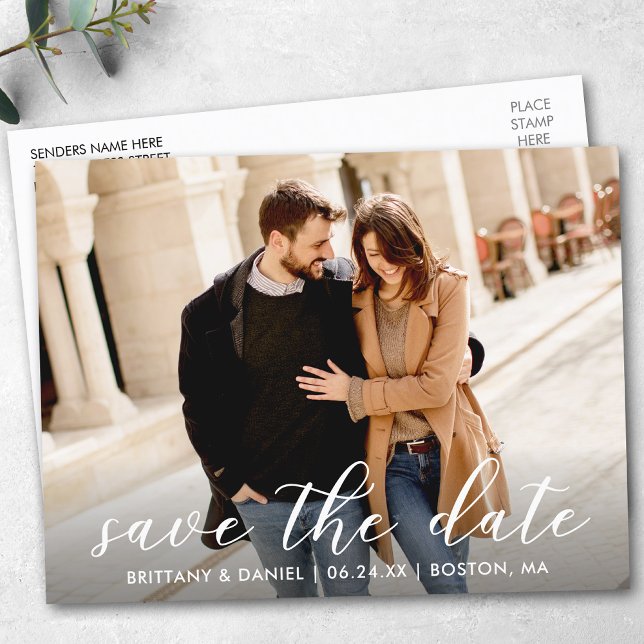 Modern Trendy Script Photo | Save The Date Postcard (Customize to change your personalized text size or text style.)