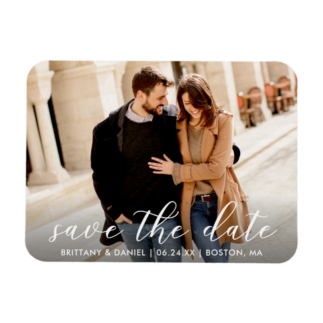 Modern Trendy Script Save The Date | Couple Photo Magnet (Horizontal)