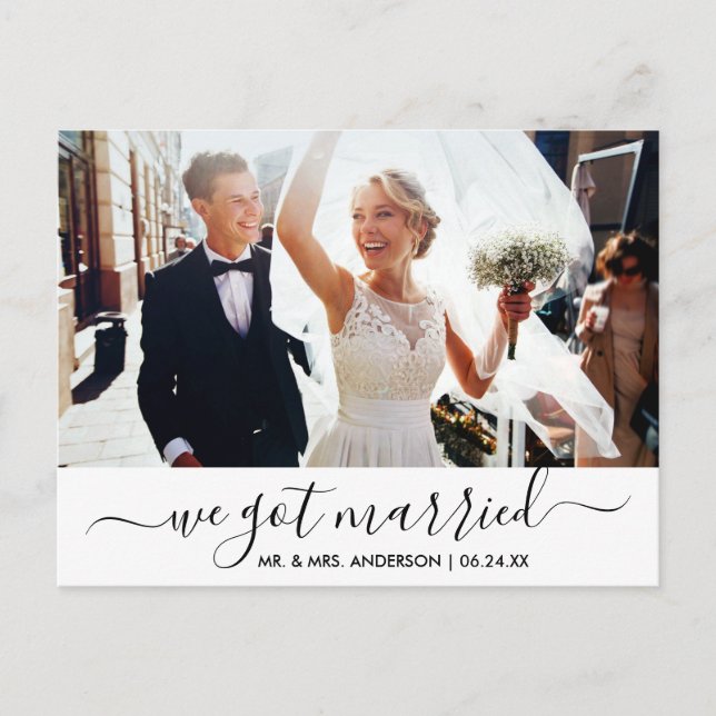Modern Trendy Script We Got Married Photo Postcard (Front)