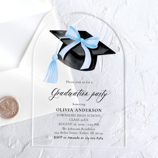 Modern Trendy Stylish Blue Bow Graduation Arched Acrylic Invitations (Creator Uploaded)