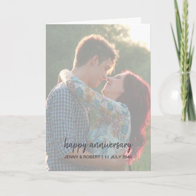 Modern Trendy Stylish Script Photo Anniversary Card (Front)