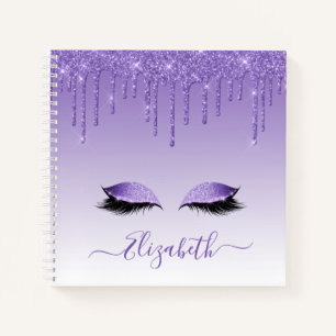 Modern Trendy Stylish Script Purple Glitter Lashes Notebook