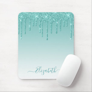 Modern Trendy Stylish Script Teal Glitter Mouse Pad