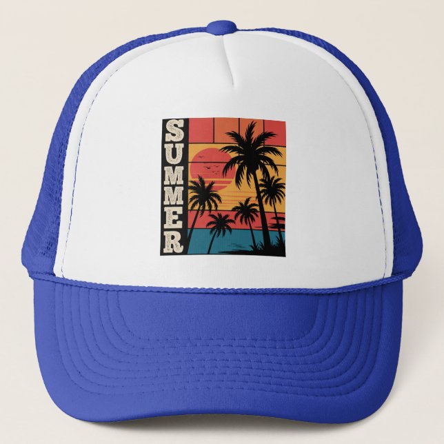 Modern Trendy Summer Sunset Beach Palm Tree        Trucker Hat (Front)