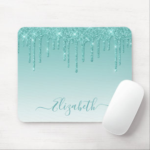 Modern Trendy Teal Glitter Stylish Script Mouse Pad