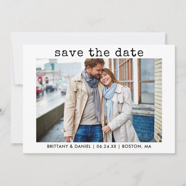 Modern Trendy Typewriter Text Couple Photo Save The Date (Front)