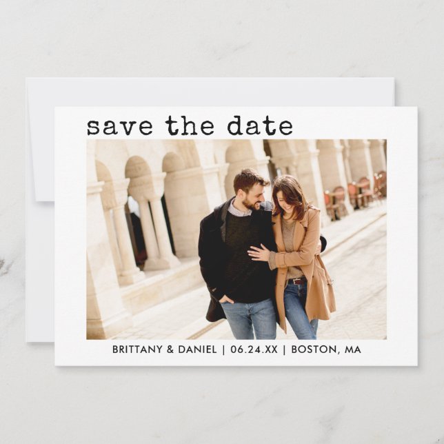 Modern Trendy Typewriter Text Photo Save The Date (Front)