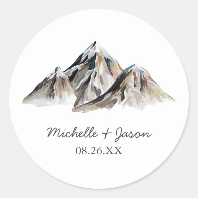 Modern Trendy Watercolor Mountains Wedding         Classic Round Sticker (Front)