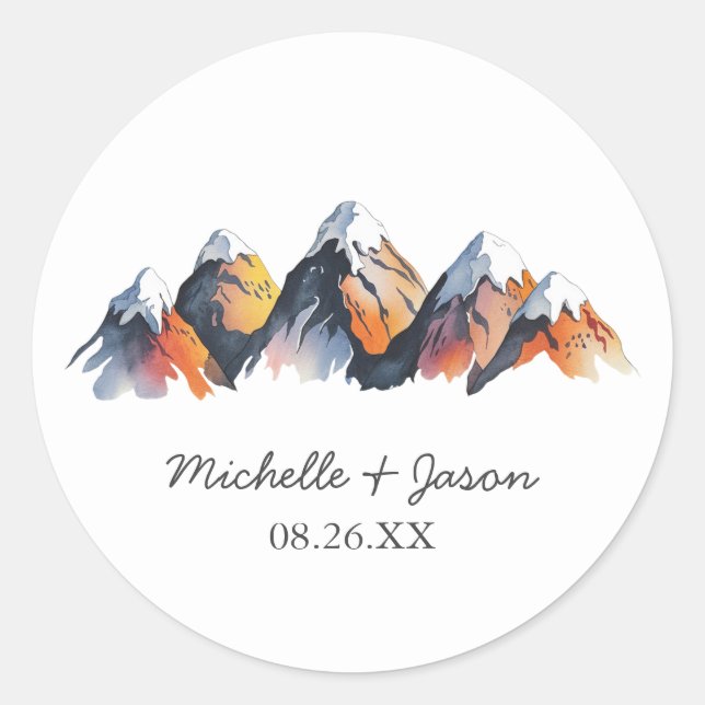 Modern Trendy Watercolor Mountains Wedding         Classic Round Sticker (Front)