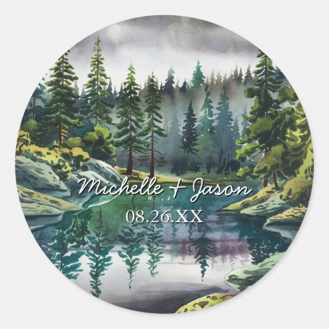Modern Trendy Watercolor Mountains Wedding         Classic Round Sticker (Front)