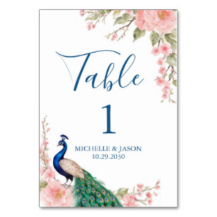 Modern Trendy Watercolor Peacock Flowers Wedding   Table Number