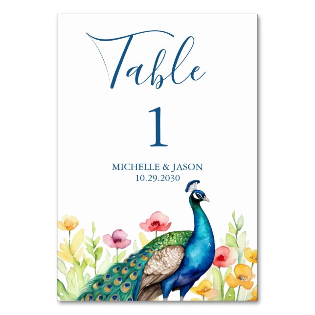 Modern Trendy Watercolor Peacock Flowers Wedding   Table Number (Front)