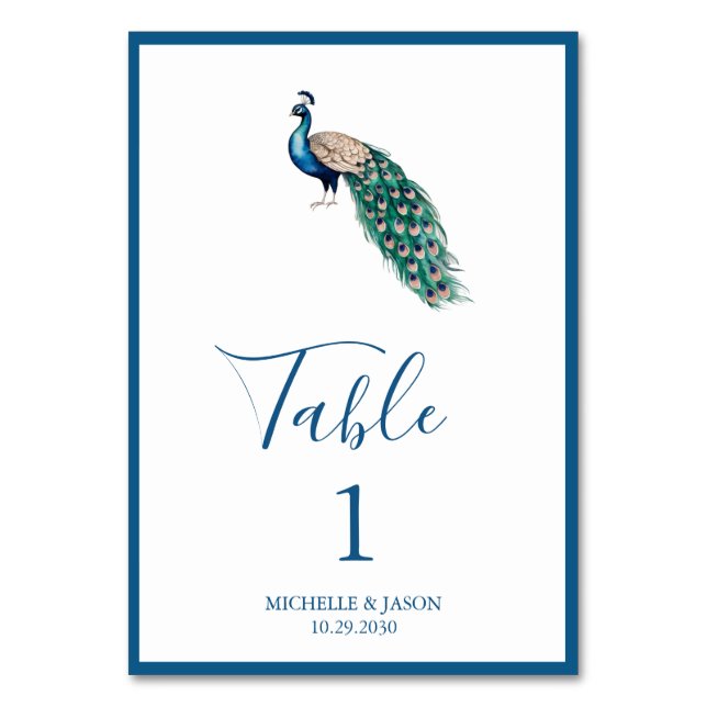 Modern Trendy Watercolor Peacock Wedding           Table Number (Front)