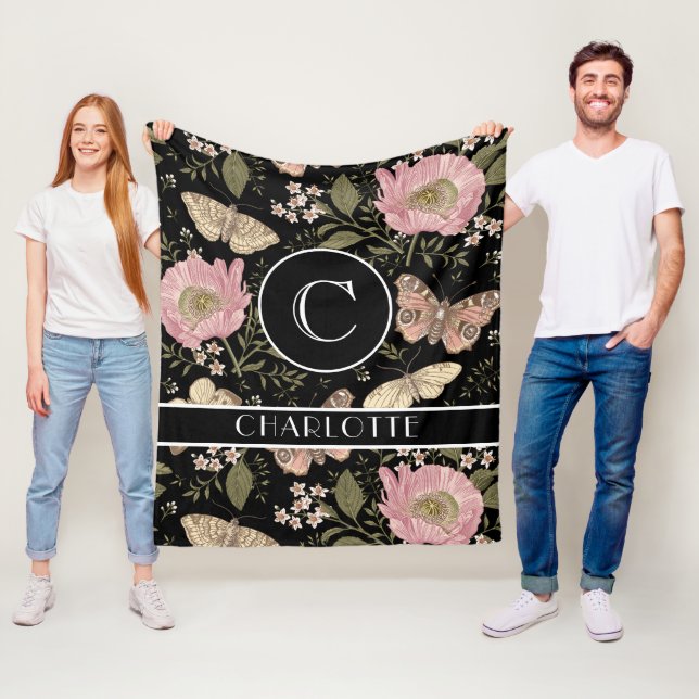 Modern Trendy Wildflower Botanical Floral Monogram Fleece Blanket (In Situ)