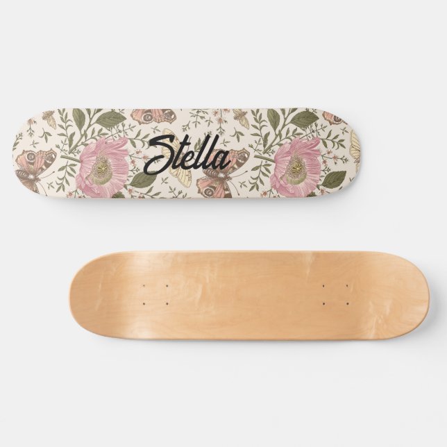 Modern Trendy Wildflower Botanical Floral Monogram Skateboard (Horz)