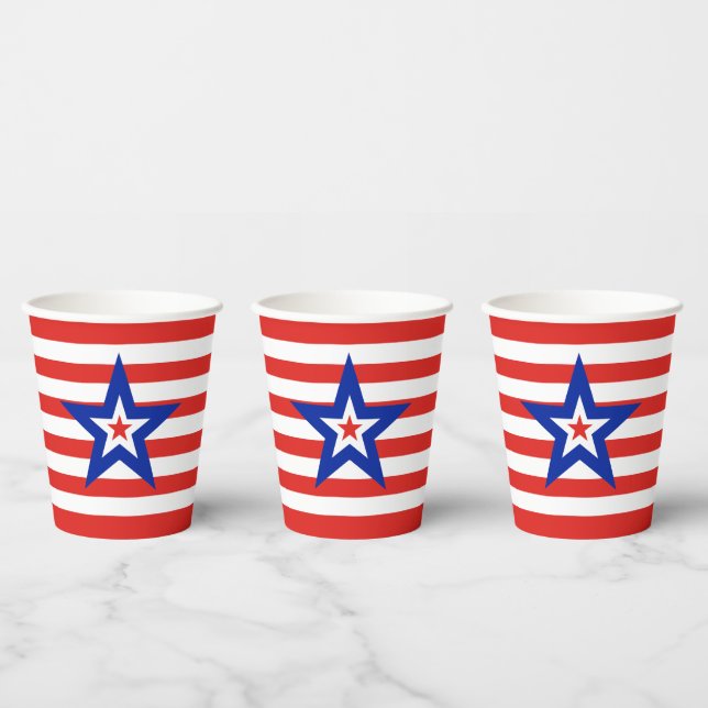 Modern Tri-Coloured Star on Red/White Striped Paper Cups (Multi)